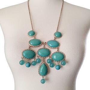 Chunky Bubble Beaded Necklace Atomic Statement Aqua Bib Gold Tone Y2K Acrylic.‎